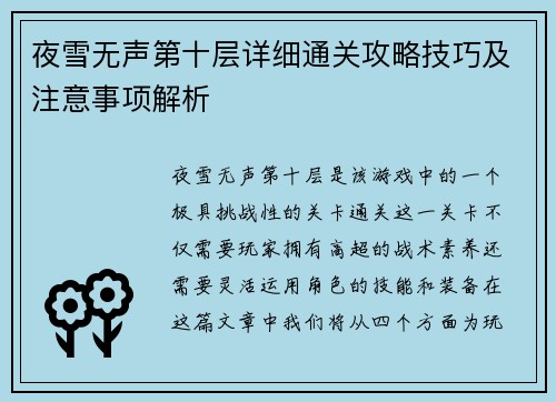 夜雪无声第十层详细通关攻略技巧及注意事项解析